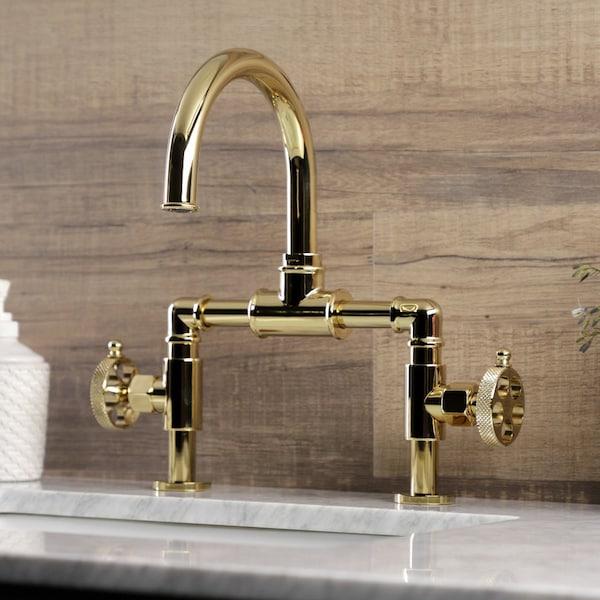 KS2172RKX Bridge Bathroom Faucet With Push Pop-Up, Polished Brass